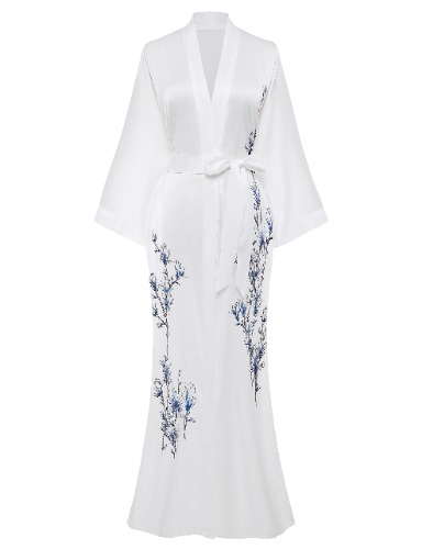 PRODESIGN Long Kimono Robe for Women Patterned Satin Silky Nightgown Bridesmaid Bathrobe Wedding