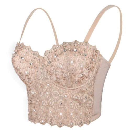 ELLACCI Women's Natural Reigning Lace Rhinestone Bustier Crop Top Sexy Mesh Corset Top Bra