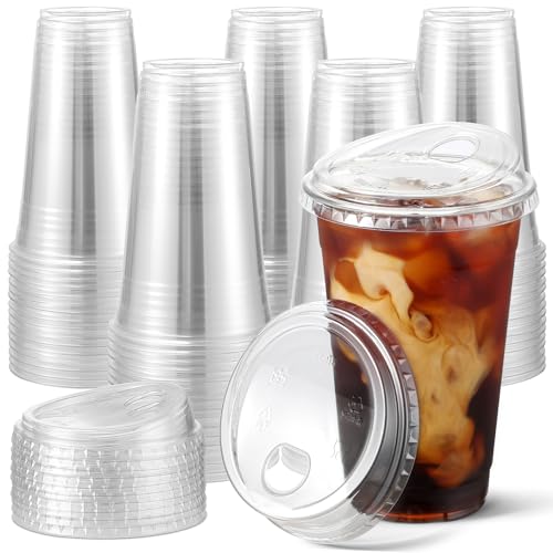 AOZITA 16 oz. - 100 Sets Crystal Clear Plastic Cups With Strawless Sip-Lids, BPA Free Disposable Plastic Cups with Lids, To Go Cups for Iced Coffee, Smoothies, Party Drinks, Bubble Tea, Cold Beverage