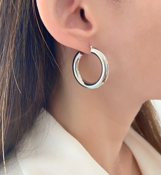 14k Medium White Gold Hoops, Medium Hoops, 1.25 Inch Gold Hoops,Snap Closure White Gold Hoops, 5mm Thick White Gold Hoops| Everyday Earrings