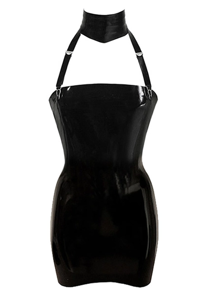 Latex Restricted Strapless Mini Dress w/ paris layered collar and 4 adjustable suspenders in supatex black
