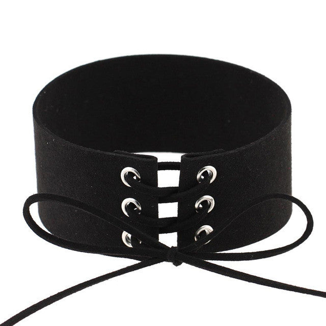 Sexy Goth Lace Up Choker Necklace - Black