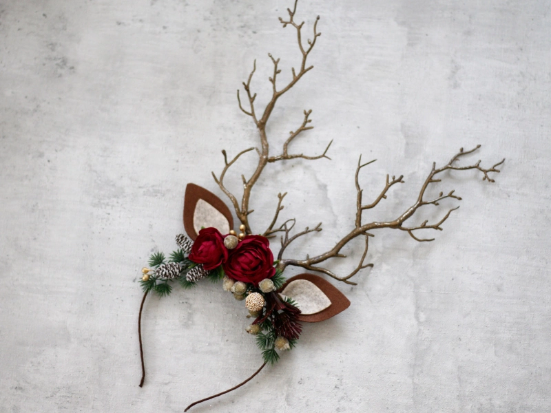 Burgundy deer antler headband, deer antler crown, christmas reindeer antlers, fawn deer headband, moose antler hairband, winter photo props