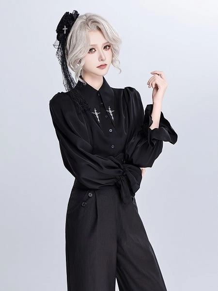 [$29.00]Black Pointed Foldover Collar Long Sleeves Shirt with Cross Embroidery