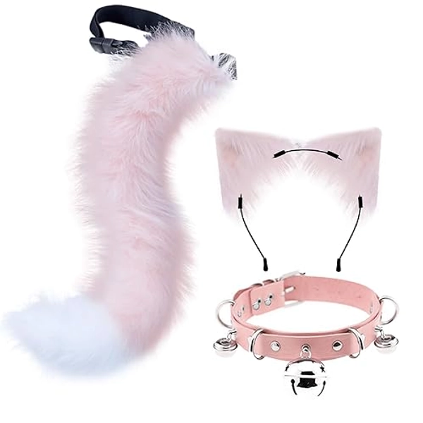 QinRuan Cosplay Costume 3-Pieces Set,Cat Ears and Leather Bell Collar Faux Fur Animal Tail