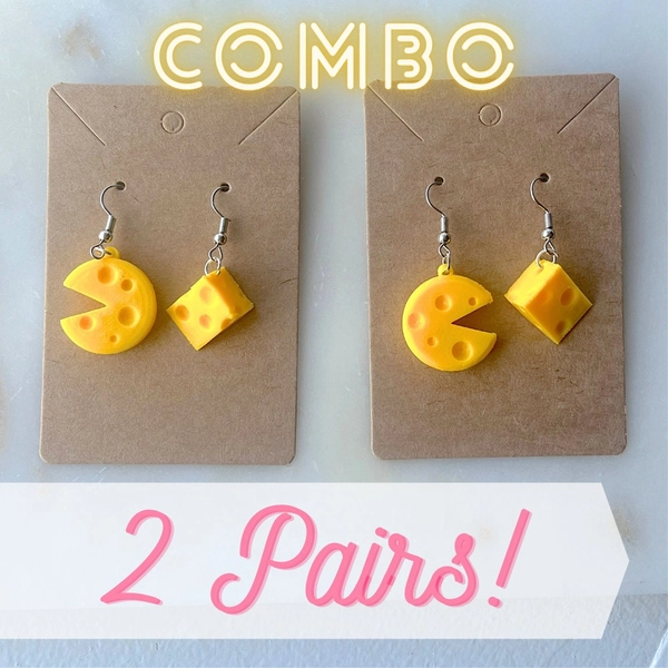 Cheese Earrings Combo - Dangly Cute 3D Cheesy Realistic Food Earrings of Swiss Cheese Blocks - 2 Pair (4 Total)