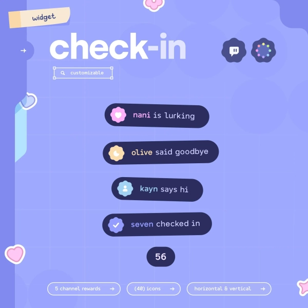 Check In & Notification Widget ⟢ (5) Channel Point Rewards  •  (40) Icons • Fully Customizable  // Twitch Streamers ⋮ Streamelements OBS