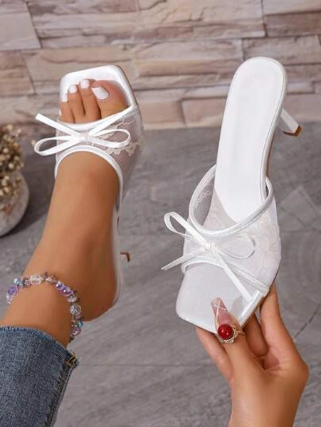 Lace Mesh Square Toe Stiletto High Heel Sandals, Sexy Open Toe Bowknot Dress Sandals For Women