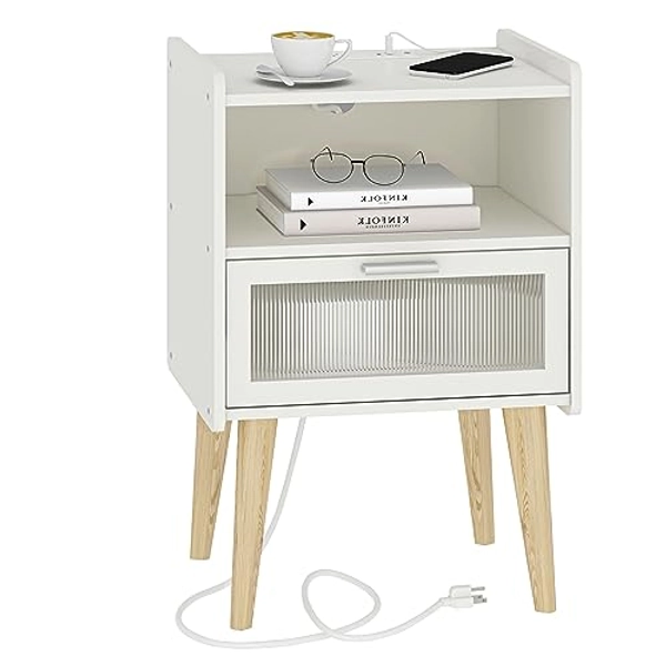 MMEOLUOOK Nightstand with Charging Station, Bedside Tables, End Table Side Table with 2 Tiers Storage Space, for Bedroom, Living Room, White MLBZ07WE