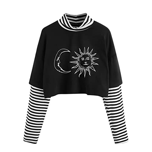Cenlang Women's Gothic T-Shirt Casual Color Block Sun Moon Print Striped Long Sleeve Crop Tops Blouse Vintage Punk Tees - L - Black