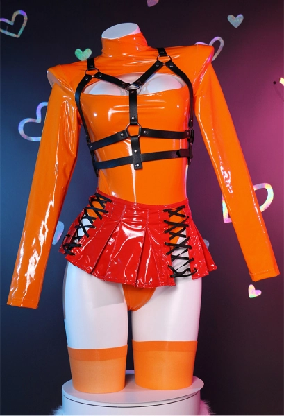 Velma Derivative  Lingerie Costume Halloween Outfit Orange Chest Open Bodysuit and Lace-up Mini Skirt with Socks