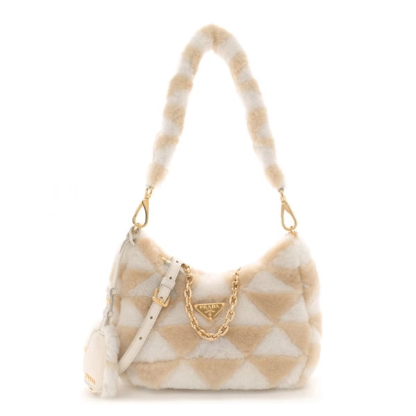 PRADA Montone Shearling Nappa Mini Re-Edition Shoulder Bag Ecru Bianco | FASHIONPHILE