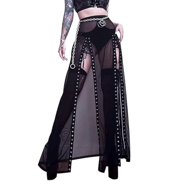 Goth Double Slit Maxi Skirt for Women Punk Black See Through Sheer Mesh Long Split Skirts