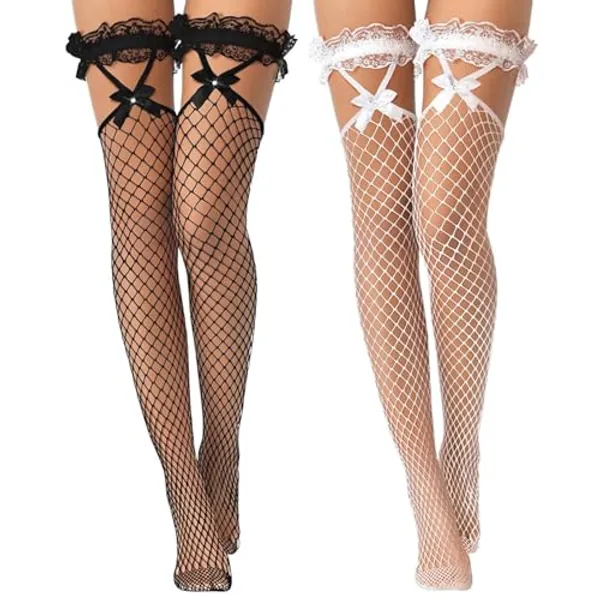 FEXPDL Stockings for Women Lace Top Stockings for Women, Fishnet Stockings for Women with Bow, Hold up Stockings for Women Thigh High Stockings for Women Cosplay Costumes Daily Gifts