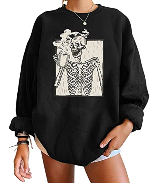 Meladyan Halloween Skull Graphic Print Fleece Oversized Sweatshirt Crewneck Long Sleeve Drop Shoulder Pullover