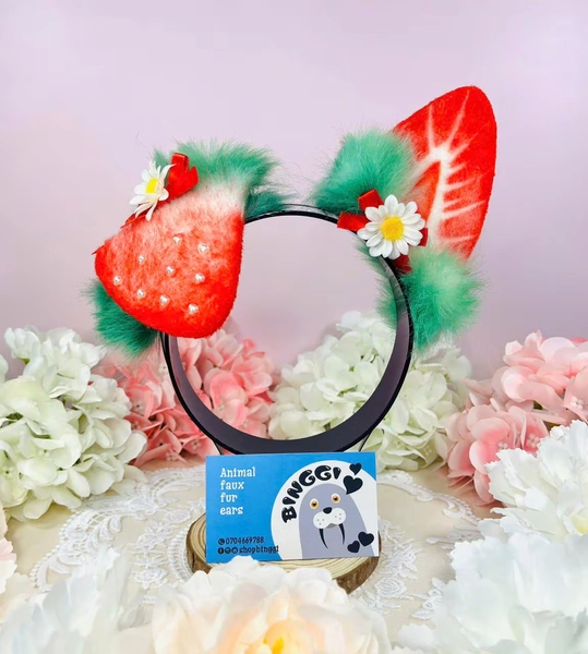 Strawberry puppy ears with bows, faux fur ears for cosplay Halloween and furry conventions