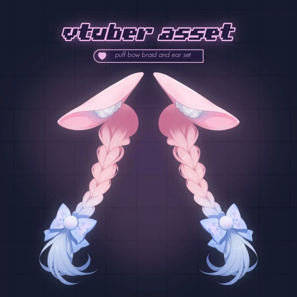 Rigged Braided Pigtail and Floppy Bunny Ear Set for Vtube Studio with Color customization - 5 Color Variations - Vtuber Items