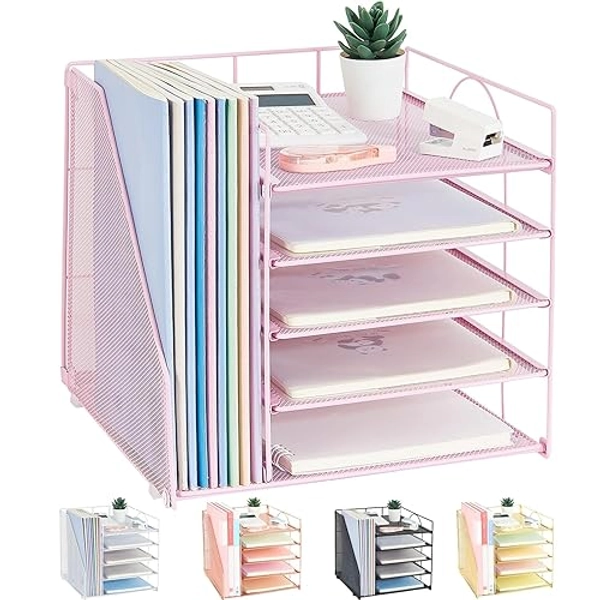 LEKETREE Desk Organizers and Accessories, 5-Tier Paper Letter Tray Organizer with File Holder, Desktop Organizer for Office Supplies, Office Desk Accessories & Workspace (Pink)