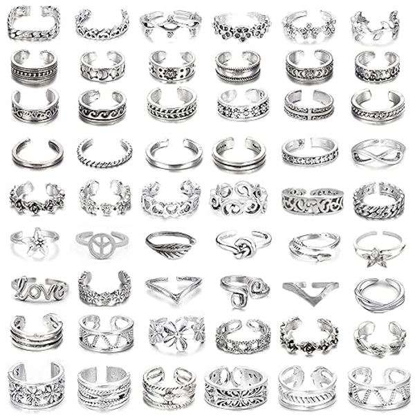 MJust 54Pcs Open Toe Rings Set for Women Men Adjustable Vintage Retro Knuckle Ring Toe Finger Tail Ring Beach Foot Jewelry