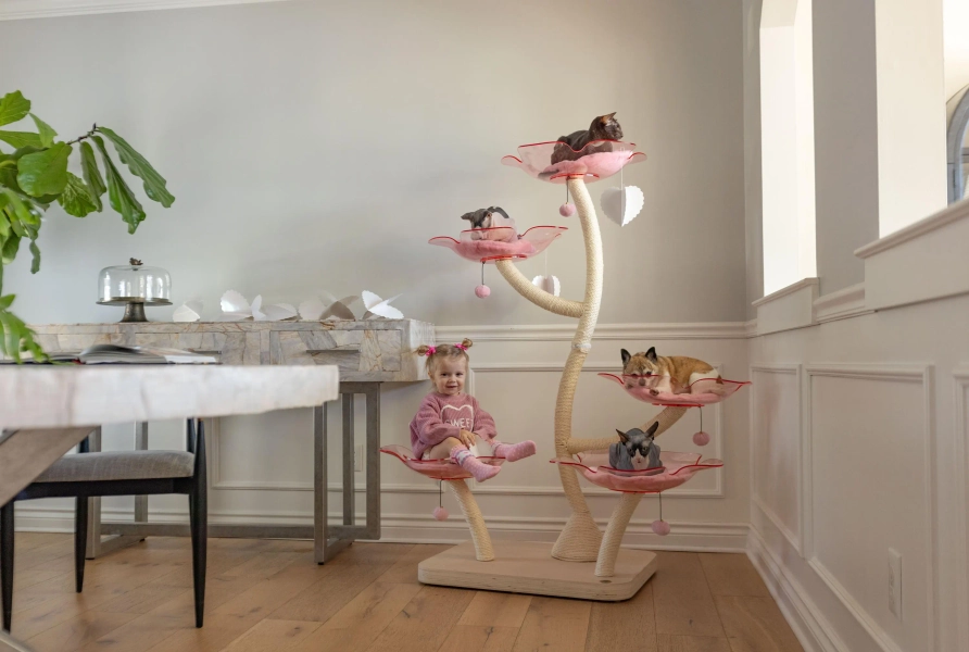 Wood Floral Cat Tree Tower, Wooden Cat Tower, Modern Cat Climbing Tree, Cat Furniture, Cat Gift, Luxury Cat Condo, Flower Cat Tree, CB