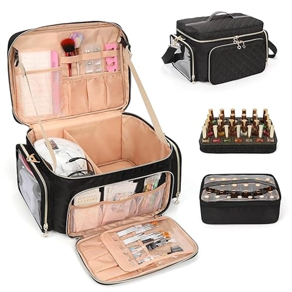Bagmoly Nail Polish Organizer, Nail Polish Storage Holds 50-70 Bottles Nail Polish & Nail Lamp, Portable Travel Nail Kit Storage Carrying Case Fits Nail Suppiles, Gift for Manicurist, Grils (Black)