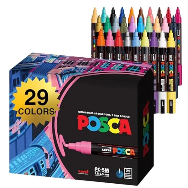 29 5M Medium Posca Markers with Reversible Tips, Set of Acrylic Paint Pens for Art Supplies, Fabric Paint, Fabric/Art Markers