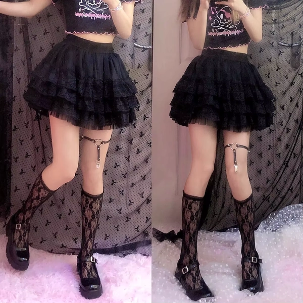 Elastische Gothic Spitze Tutu Rock Frauen Schwarz Mesh Detail Petticoat Sexy Mini Tüll Röcke Party Club Tragen Tänzerin - AliExpress