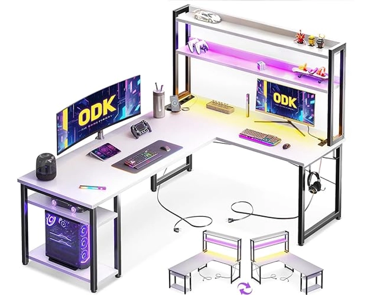 ODK Escritorio Gaming con LED, Escritorio con Estante Reversible, Escritorio en L con Enchufes y Puertos USB, Escritorio Gaming Blanco con Compartimentos y Almacenamiento, 150×120 cm