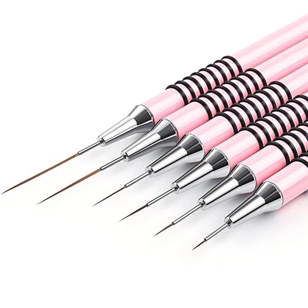 Nail Art Liner Brushes Set, 6Pcs Nail Art Design Brush Striping Thin Long Lines Dotting Drawing Pen, UV Gel Polish Painting Metal Handle Striper Brushes Size 5/7/9/11/20/25mm Pink