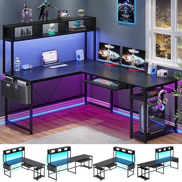 SEDETA L Shaped Gaming Desk, Reversible 94.5” Computer Desk, Gaming Desk with Led Lights, Keyboard Tray and Storage Bag for Home Office, Black