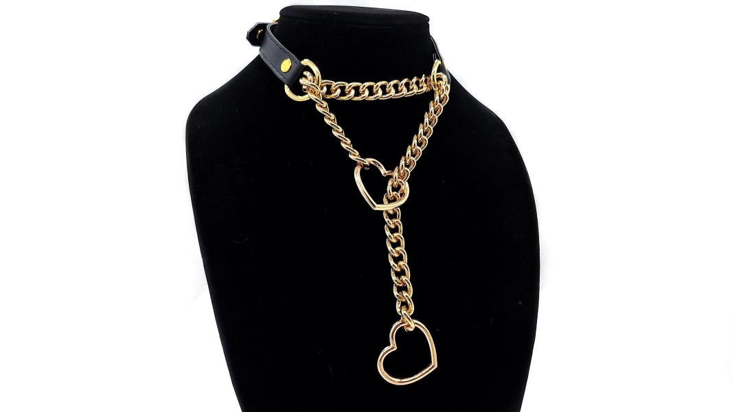 Made-to-Order *Gold* Slip Chain Heart Ring Faux-Leather Buckle Collar - Petplay Kittenplay Puppyplay Choker Kemonomimi DDLG Cosplay