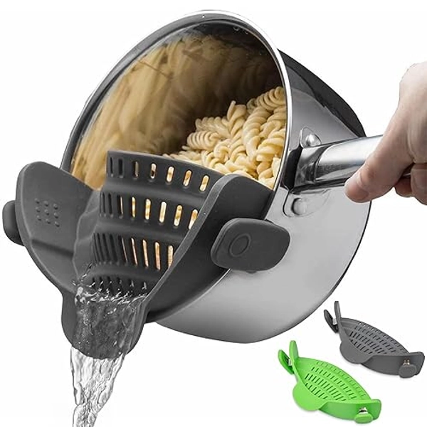 Kitchen Gizmo Snap-On Strainer - Silicone Clip-On Strainer for Pots and Pans - Collapsible Design - Heat Resistant Colander for Vegetables and Noodles - Ideal for Rice, Grains - Green/Grey - 2 Pack