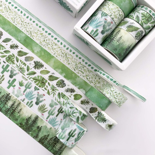 8 Rolls Vintage Floral Green Plants Washi Tape Set with 4 Sizes, Japanese Masking Decorative Tapes for DIY Crafts and Arts Bullet Journal Planners Scrapbooking Adhesive (Green Leaf)