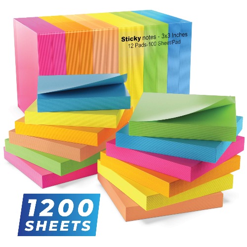Sticky Notes 3x3 in (12 Pads) Bright Colored Super Self Sticky Pads - 100 Sheets / Pad - Easy to Post for School, Office Supplies, Desk Accessories