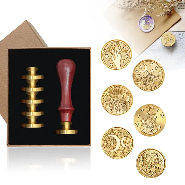 UCINNOVATE Wax Seal Stamp with Gift Box Set, 6Pcs Sealing Wax Stamps Copper Seals 1 Wooden Hilt, Wax Stamp Kit for Wedding Invitation Card Envelope Planner Journal, Gift Packaging(Moon & Star Series)