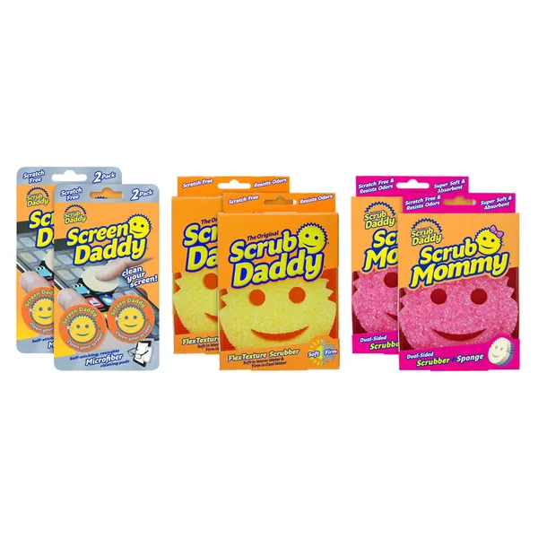 Scrub Daddy Sponge Starter Pack Bundle - Dishwashing and Home Cleaning Bundle, Contains 2 Scrub Daddy's, 2 Scrub Mommy's and 2 Screen Daddy 2ct