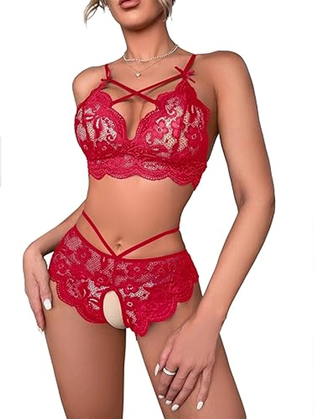Lilosy Sexy Strappy Women Floral Lace High Waist Pajamas Lingerie Set