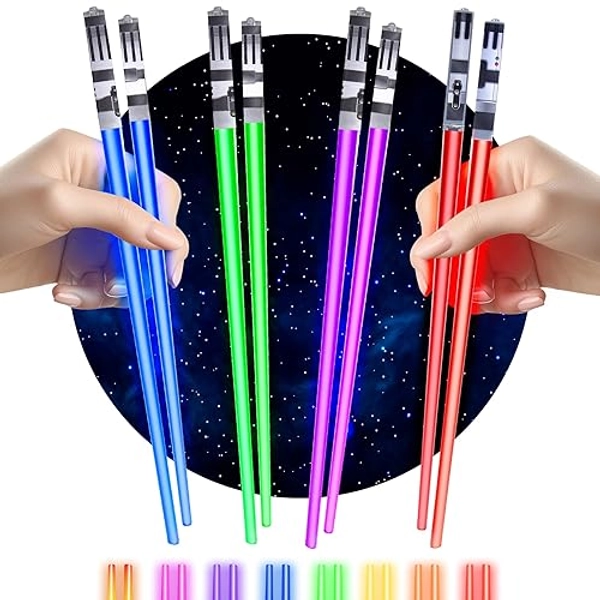 Lightsaber Chopsticks Star Wars Light Up - LED Glowing Light Saber Chop Sticks - Reusable Sushi Lightup Sabers Chopstick Set Of 4 Pairs - Blue & Red & Green & Purple