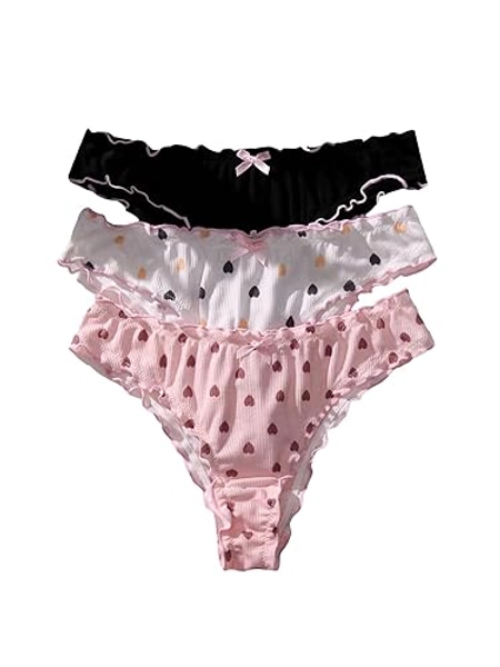 SHENHE Women's 3 Packs Underwear Heart Print Cute Panties Lettuce Trim Mid Rise Comfy Briefs
