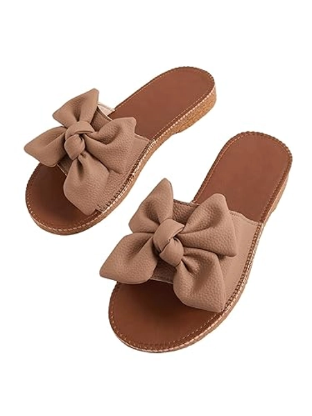 Verdusa Women's Open Toe Flat Sandals Bow Knot Slides Leather Summer Slippers