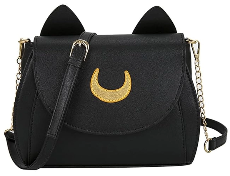 JHVYF Moon Luna Cat Purses Pu Leather Gothic Purse Cosplay Moon Sailor Bag Handbags Shoulder Bags Black 3037