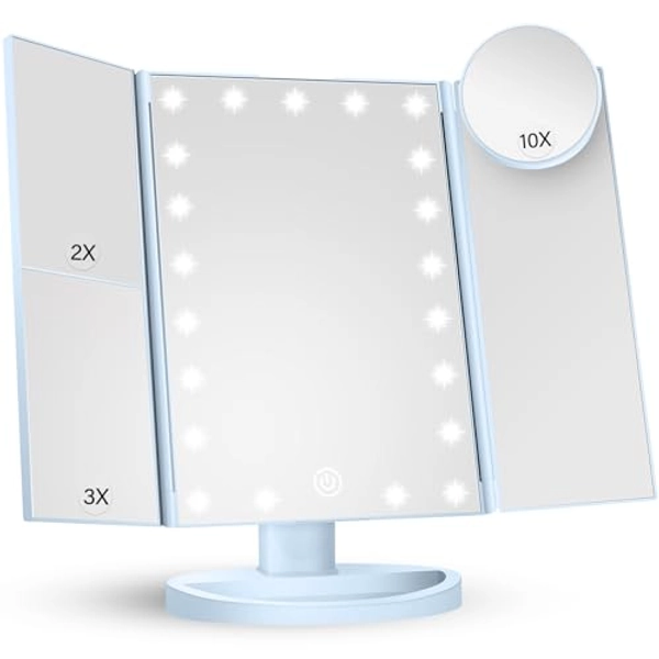 HUONUL Makeup Mirror Vanity with Lights, 2X 3X 10X Magnification, Lighted Mirror, Touch Control, Trifold Dual Power Supply, Portable LED Women Gift (Blue)