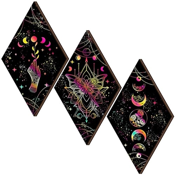 Ferraycle 3 Pcs Rustic Boho Wall Decor Moon Phases Butterfly Wall Art Stars Moon Decor Minimalist Room Decor Wooden Gothic Witchy Wall Pediments Hanging Sign for Home (Black, Vivid, 6.7 x 11.8 Inch)