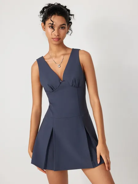 V-neck Solid Pleated Mini Dress