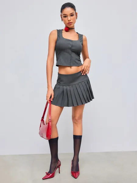 Woven U-neckline Solid Lace Up Tank Top & Pleated Mini Skirt