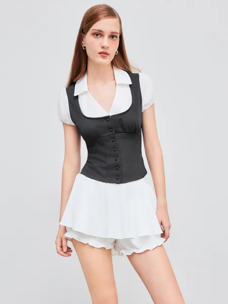 Woven Collar Two Tone Short Sleeve Blouse