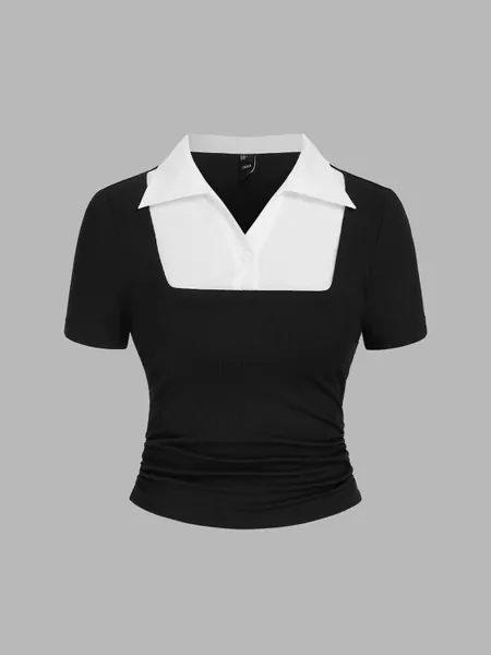 Collar Two Tone Short Sleeve Top