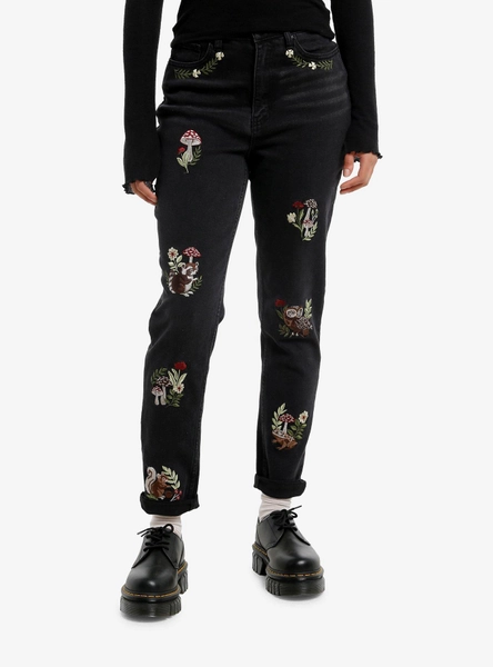 Mushroom & Forest Creature Embroidered Mom Jeans