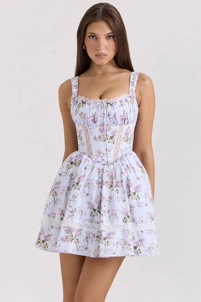 Kimmie Lilac Ribbon Print Cotton Mini Dress