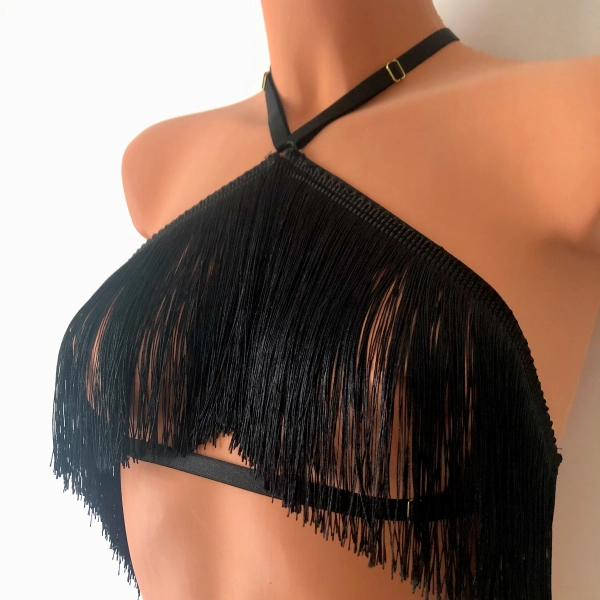 Shimmy fringe halter bra | burlesque cage bralette | adjustable elastic harness